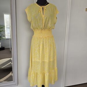 Sienna Sky Yellow Floral Tie-Neck Smocked-Waist Midi Dress
